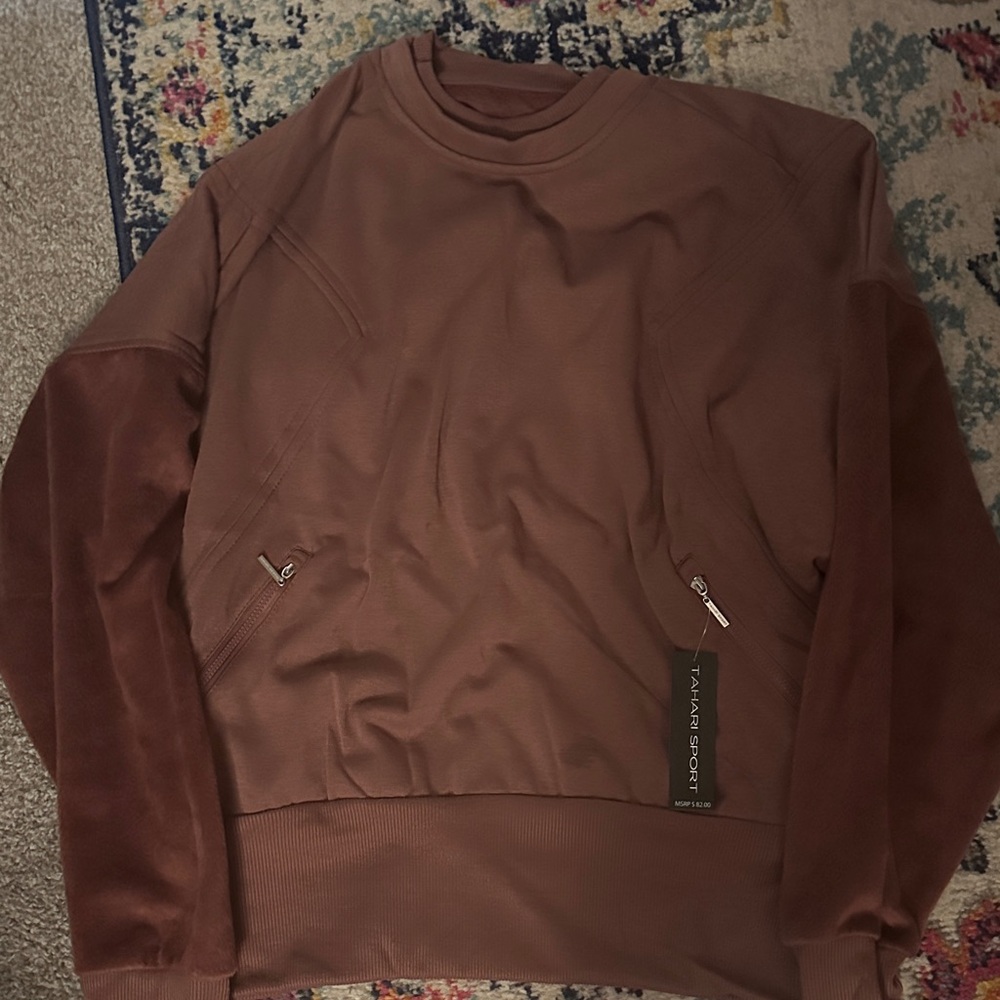 Tahari Sport // Mauve/Brown Crewneck Sweat zippered front pockets fuzzy sleeves